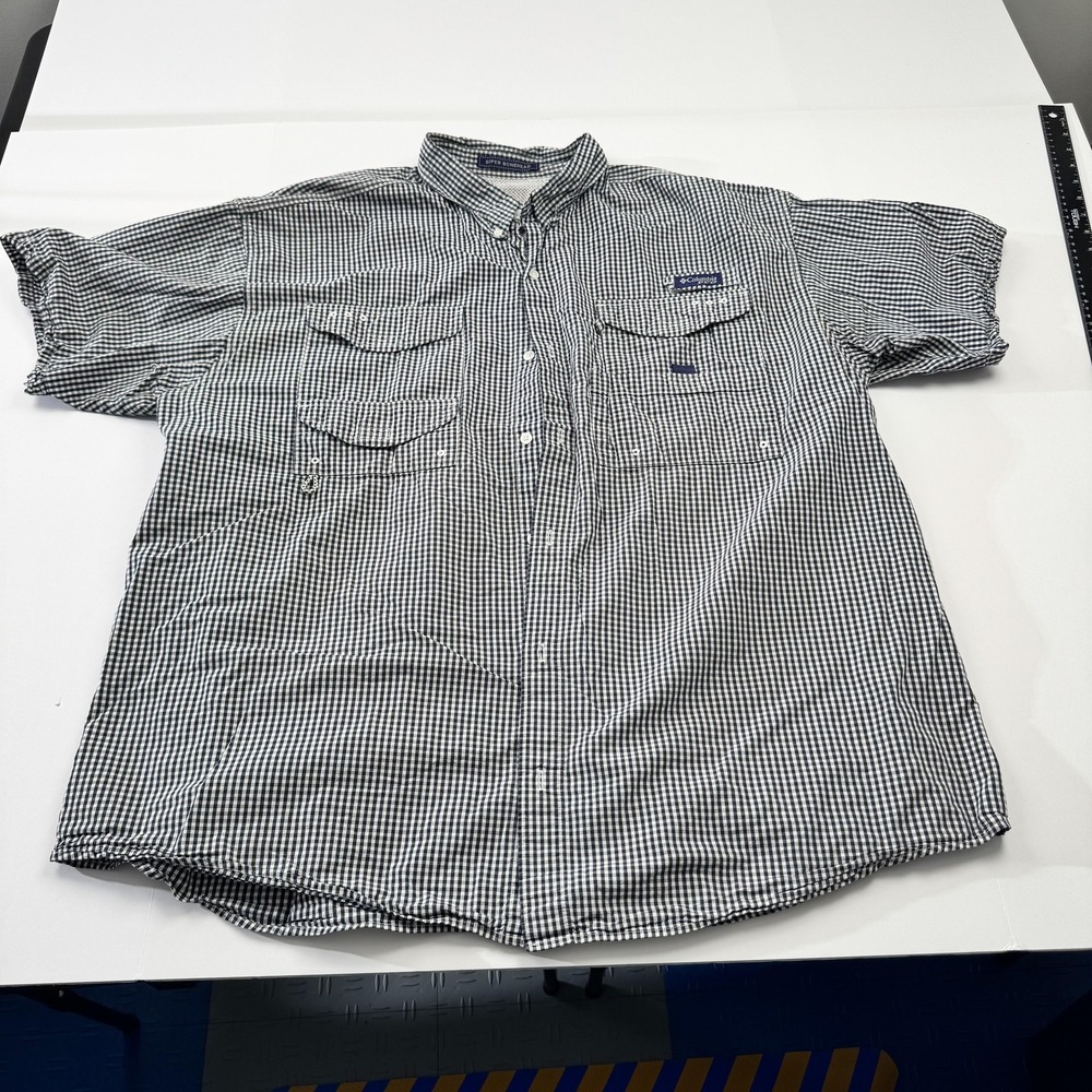 Columbia PFG Super Bonehead Mens Large Navy White Gingham Fishing Shirt 1577